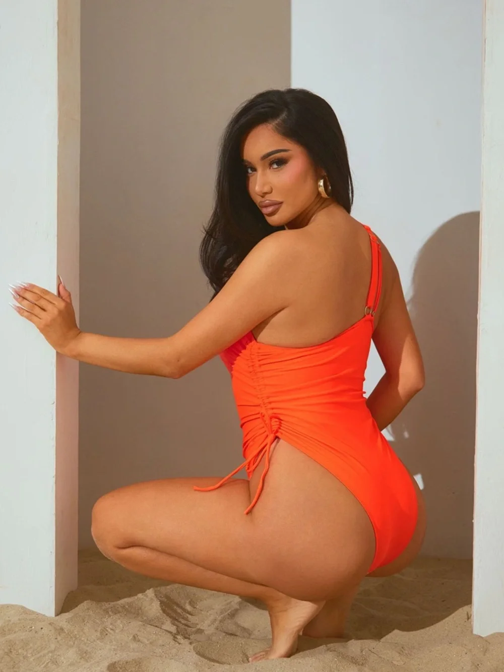 Fashion Nova One-Shoulder Neon Orange Cutout‎ Swimsuit